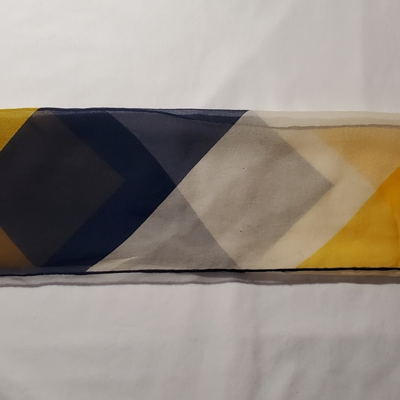 Semi-transparent White Navy and Yellow Chevron Print Vintage Silk Scarf - Picture 2 of 15